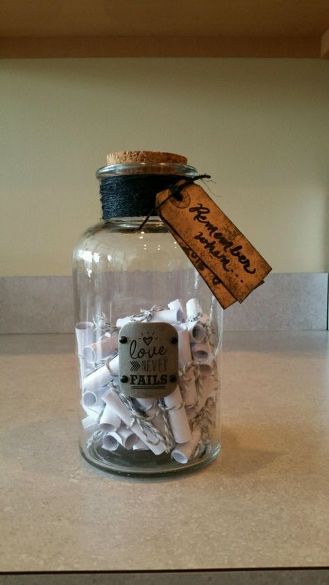 "Remember when..." jar that I made for my boyfriend. Remember When Jar, Jar Ideas For Boyfriend, Gifts For Boyfriend Jar, Memories Jar, Diy Jars Ideas, Gifts For Boyfriend Long Distance, Boyfriend Long Distance, Hunter Gifts, Memory Jars