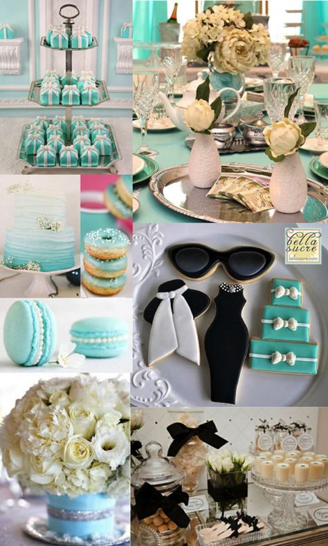 Bridal Shower Ideas Breakfast At Tiffany, Breakfast With Tiffany Theme, Breakfast At Tiffanys Bridal Party, Tiffany Themed Birthday Party Decor, Breakfast At Tiffanys Wedding Shower Ideas, Breakfast At Tiffanys Birthday Theme Food, Breakfast At Tiffany's Aesthetic Party, Tiffany Brunch Ideas, Breakfast At Tiffany’s Bachelorette Party