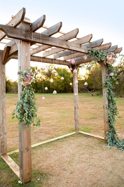 diy wedding pergola with flowers and eucalyptus and hanging globe flowers Pergola Grapes, Pergola Lanterns, Pergola Flowers, Globe Flowers, Simple Pergola, Pergola Wedding, Pergola Arbor, Pergola Trellis, Budget Inspiration