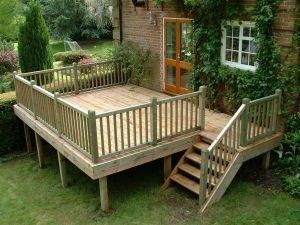 Wooden Terrace Design, House With Deck, Small Raised Deck, Narrow Deck, Cottage Deck, Backyard Second Floor Deck, Raised Decking, Small Raised Deck Off Back Door, Wide Stairs Deck