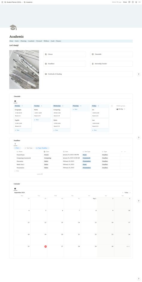 Academic Hub Notion template pefrect for all students at school, college and university. Aesthetic blue colourway, fully customisable on Notion. Includes: Daily Planner, Weekly Planner, Monthly Planner & Yearly Planner, Study Dashboard, Classes Organisation, Note Talking Templates, Timetable Organisation, Deadlines Organisation, Internship Tracker & Textbook / Reading Tracker, Travel Organiser, Reading Organiser Template, Playlists Template, Daily Journal Template, Movie & TV Tracker Notion Timetable Template, Study Schedule Notion, Notion Aesthetic Blue, Notion Timetable, Notion Classes Schedule, Notion Hourly Schedule Template, Tv Tracker, Notion School Calendar, Notion Student Planner