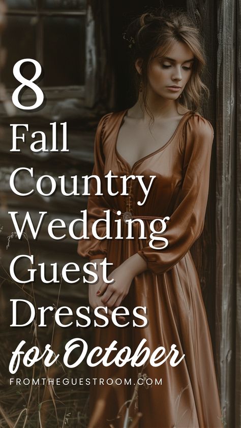 a woman wears fall country wedding guest dress for october Southern Fall Wedding Guest Dress, Fall Wedding Guest Outfit September, Late Fall Wedding Guest Outfit, Fall 2024 Wedding Guest Dress, Fall Wedding Guest Dress October Formal, Wedding Guest Fall Dress, Fall Barn Wedding Guest Dress, Wedding Guest Dress Country, Country Wedding Dresses Guest