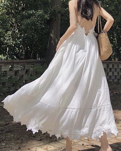 White Floaty Dress, White Sun Dress Long, Long White Dress Aesthetic, White Summer Dress Aesthetic, White Sundress Long, White Long Dress Summer, White Dress Aesthetic, Beach White Dress, Overalls Fashion