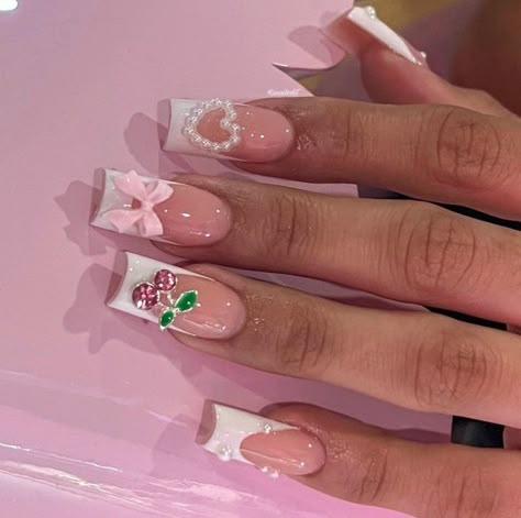 Spring Nails With Charms, 0.5 Nail Pics, Sanrio Acrylic Nails, Latina Nail Designs Pink, Kawaii Nails Acrylic, Nail Inspo French Tip, Nail Inspo French, Swift Nails, Nail Options