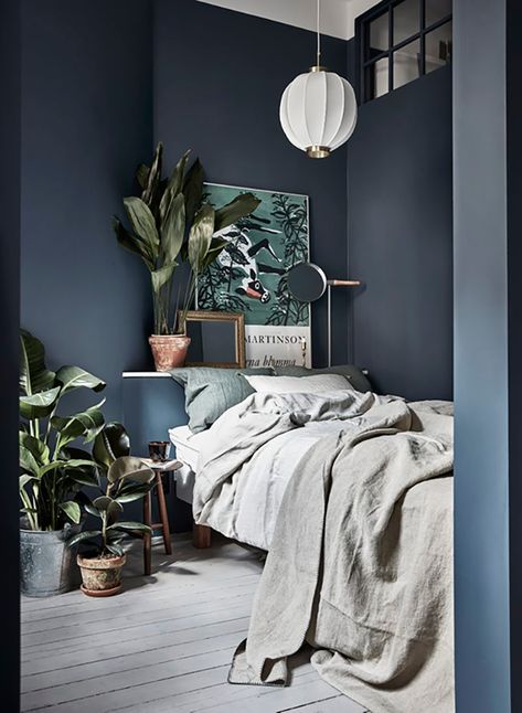 Moody Blue Bedroom Inspiration / My Unfinished Home Scandinavian Bedroom Decor, Gravity Home, Scandinavian Bedroom, Ideas Hogar, Gray Bedroom, Blue Rooms, Blue Bedroom, Blue Walls, My New Room