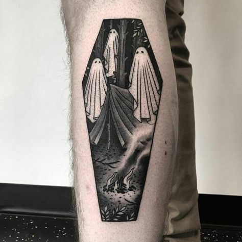 Tattoos Spooky, Tattoos Ghost, Body Doodles, Ghost Tattoos, Coffin Tattoo, Occult Tattoo, Ghost Tattoo, Sweet Tattoos, Creepy Tattoos