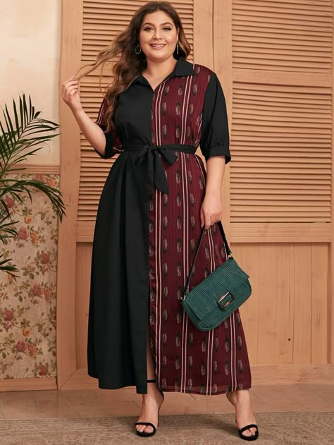 Plus Color-Block Feather Print Belted Shirt Dress | SHEIN USA Obese Women Outfits, Big Size Dress Casual Simple, Indian Outfits For Plus Size Women, Plus Size Indian Outfits, Big Size Fashion Dress, Plus Size Indian Fashion, Dress For Big Size Woman, Big Size Dress Casual, Plus Size Fashion For Women Indian