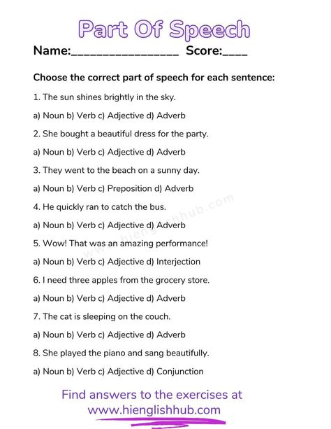 Part Of Speech In English: Definitions, Examples, And Exercises With Answers - Hi English Hub Part Of Speech Grammar Worksheet, Parts Of Speech Worksheet With Answers, Part Of Speech Worksheet, Parts Of Speech Test, Parts Of Speech Exercises, Learn English Tenses, Parts Of Speech Worksheet, Parts Of Speech Sentences, English Definitions