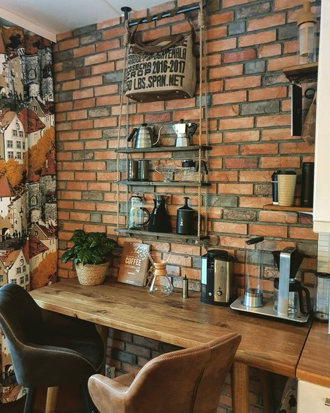 Coffee Bar Ideas Brick Wall, Kitchen Oak, Coffee Shelf, Leather Barstools, Hanging Rope Shelves, Coffee Counter, Rope Shelf, Coffee Making, Texas House