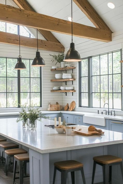 29 Modern Farmhouse Kitchen Ideas for Your Dream Home - homeideashub.com Farmhouse Kitchen Island With Seating, Guest House Interior Design, Large Farmhouse Sink, White Shiplap Walls, Modern Farmhouse Kitchen Island, Modern Farmhouse Kitchen Ideas, Craftsman Home Interiors, Large Farmhouse, White Shiplap Wall