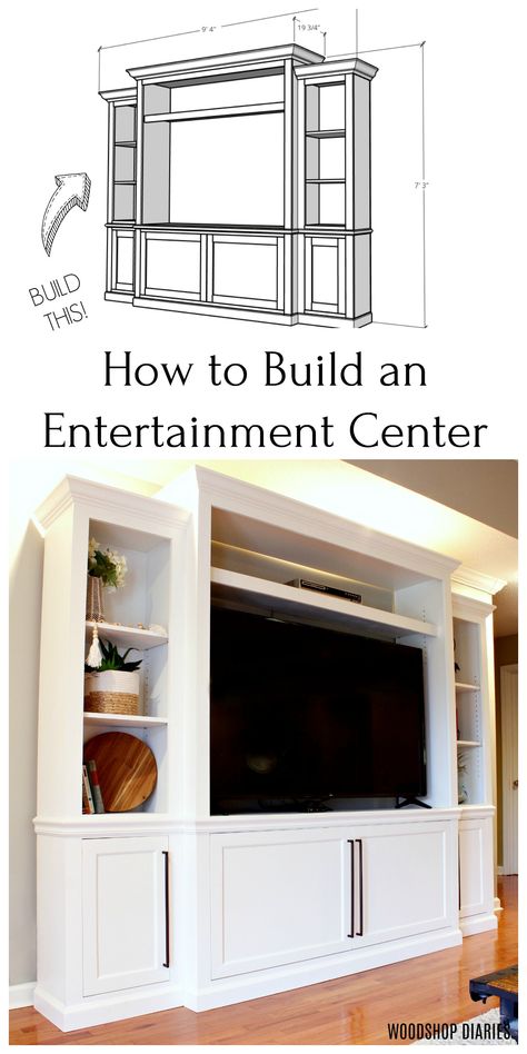 Build your own DIY entertainment center and TV console media center with this tutorial video and printable PDF plans!  This gorgeous piece has open shelving, cabinet storage, and room for a 60" wide TV!  These building plans walk you through the entire process so you can build your own! Build Ins, Farmhouse Entertainment Center, Tv Center, Tv Built In, Built In Entertainment Center, Built In Shelves Living Room, Building Inspiration, Living Room Built Ins, Living Room Wall Units