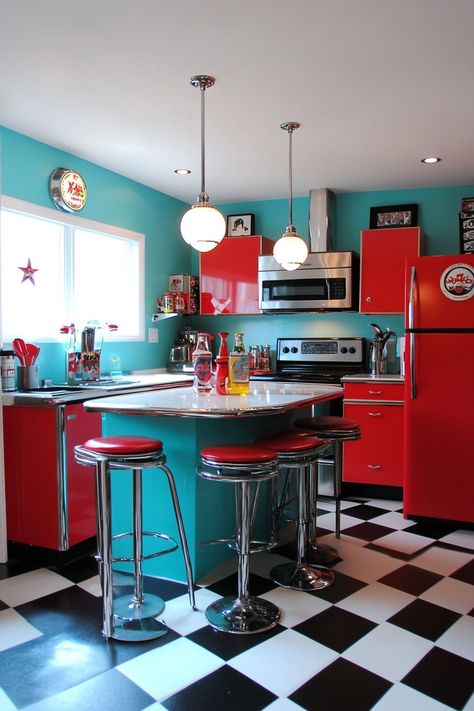 Dive into the latest kitchen design trends with this vibrant retro-inspired space! Featuring bold red cabinets, turquoise walls, and checkered floors, this kitchen is both nostalgic and modern. Perfect for adding a touch of vintage charm to your home. #KitchenDesign #Retro #InteriorDesign Retro Kitchen Decor Ideas, Mid Century Kitchen Cabinets, Red And Teal Kitchen, Tall Kitchen Table, Retro Modern Kitchen, Kitchen With Dark Cabinets, Plum Walls, Kitchen Decor Hacks, Frame Kitchen