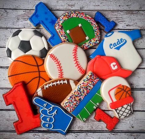 Sports Themed Birthday Party Ideas 1st, Sports Themed Cookies, Sports Themed First Birthday, Sports Theme 1st Birthday, Ball Cookies, Ball Birthday Party, Class Treats, Sports Cookies, 2023 Party