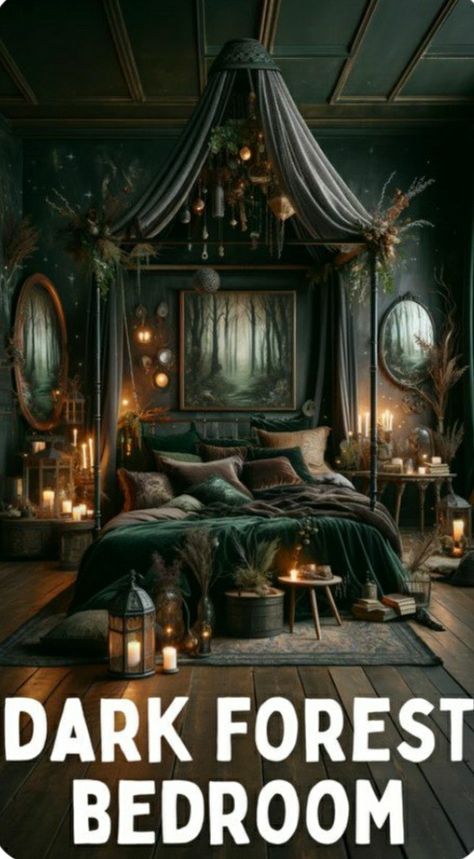 Dark Bedroom Ideas Cozy, Bedroom Ideas Cozy Romantic, Dark Forest Bedroom, Bloxburg Teen Room, Bloxburg Teen Room Ideas, Teen Room Ideas, Dark Feminine Bedroom, Dreamy Interior, Gothic Forest