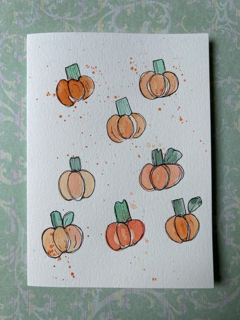 Watercolor Pumpkin Card, Hand Painted Pumpkin Card, Homemade Pumpkin Card  This Greeting Card is One of a Kind.  Hand painted by me...no prints :)  Details Includes Envelope  Size 5"" x 6 *7/8"  Card is blank on the inside for your personal message, initials on front, HollBellArt on back  Thank you for visiting my shop and supporting my art! Diy Fall Cards Handmade, Thanksgiving Watercolor Cards, Fall Watercolor Cards, Card Homemade, Fall Cards Handmade, Hand Painted Pumpkin, Watercolor Pumpkin, Painted Pumpkin, Pumpkin Birthday