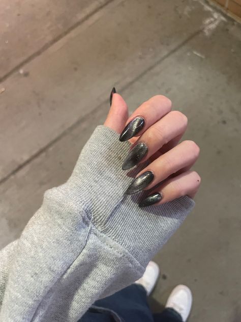 Black nails acrylic almond shape space silver velvet cat eye Velvet Nails Black, Black Velvet Nails, Maria Core, Velvet Nails, Gold Mine, Coffin Nails Long, Nails Black, Nails Long, Girly Stuff