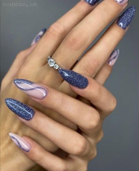 Prom Blue Nails, Blue Glitter Nail Designs, Silver And Blue Nails, Blue And Silver Nail Designs, Blue Silver Nails, Blue And Silver Nails, Silver Nail Designs, Emerald Nails, Blue Glitter Nails