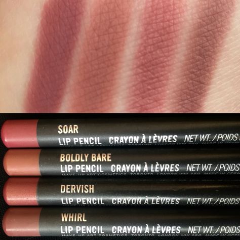 MAC nude lip pencils. Swatches left to right....Soar, Boldly Bare, Dervish, and Whirl @kissy82 Instagram Mac Boldly Bare Lip Pencil, Mac Lipliner Swatch, Mac Dervish Lip Liner, Mac Lip Liner Swatches, Mac Whirl Lip Liner, Mac Boldly Bare, Mac Lip Liner, Mac Products, Lip Pencil Colors