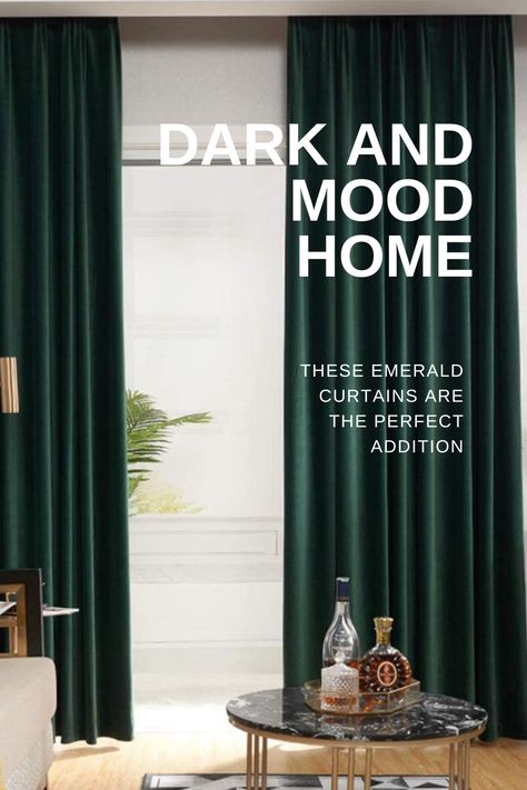 These emerald green curtains are the perfect addition to any dark moody interior. Dark Green Curtains, Emerald Green Curtains, Emerald Curtains, Dining Room Drapes, Dark And Moody Interiors, Dye Curtains, Moody Home, Blackout Curtains Bedroom, Green Dining Room