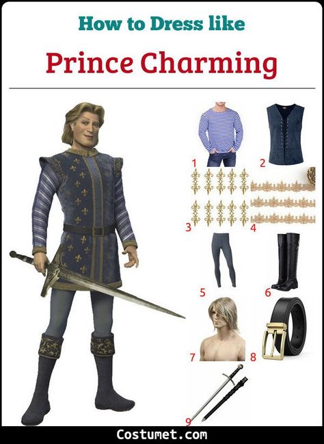 Prince Charming (Shrek) Costume for Cosplay & Halloween Prince Charming And Fairy Godmother Shrek, Shrek Godmother Costume, Prince Charming Costume Shrek, Prince Charming Shrek Costume, Shrek Costumes Ideas, Shrek Couple Costume, Shrek Party Costume, Shrek Group Costume, Prince Charming Shrek