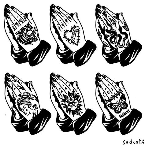 Traditional Tattoo Arm, Pray Tattoo, Praying Hands Tattoo Design, Praying Hands Tattoo, Traditional Black Tattoo, Gang Tattoos, Hands Tattoo, Gangsta Tattoos, Prison Tattoos