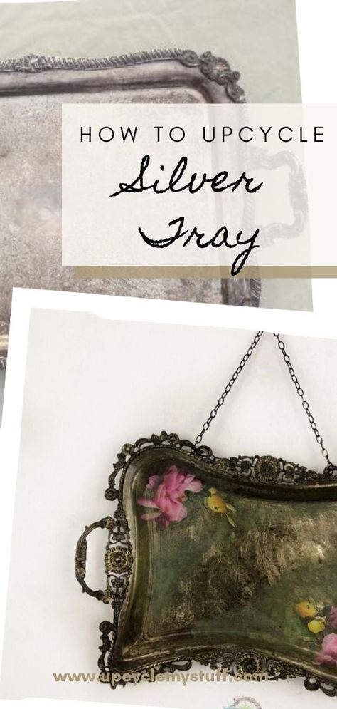 Create unique DIY wall art out of an old unused silver vintage tray. This project is one of a kind and includes antiquing and decoupage techniques! DIY Wall Art |. Vintage Finds | DIY Decor Ideas Repurpose Old Silver Trays, What To Do With Old Silver Trays, Decoupage Silver Trays, Ideas For Silver Trays, Upcycle Silver Trays, Silver Platters Repurpose Diy, Repurposed Silver Trays, Tray Ideas Decorative, Painting Silver Trays