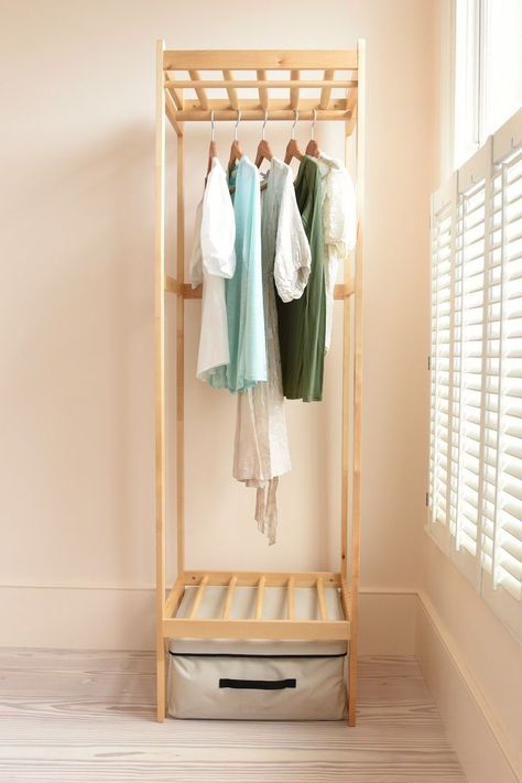 How to add storage to a small bedroom? Look no further than the Drape narrow wardrobe. Made from solid birch, it's sturdy yet roomy with its top and bottom shelves. Plus, it comes with a front rail to make choosing your outfit for the day simple and easy! #Wardrobe #WardrobeIdeas #BedroomOrganisation #BedroomStorage #BedroomIdeas #BedroomInspiration #BedroomIdeasForSmallRooms #Bedroom #SmallSpaceLiving Small Minimal Bedroom, Small Space Wardrobe Ideas, Narrow Wardrobe, Bedroom Organisation, Narrow Bedroom, Tidy Bedroom, Single Wardrobe, Diy Room Decor Videos, Dirty Clothes Storage