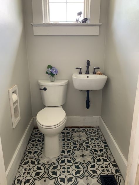 Tiny Powder Room Sink, Half Bathroom In Basement, Toilet And Sink Next To Each Other, Small Basement Half Bathroom, Tiny Bathroom Sinks, 5x5 Half Bathroom Layout, Water Closet With Sink, Small Basement Bathroom Ideas Half Baths, Small Wall Mounted Sink