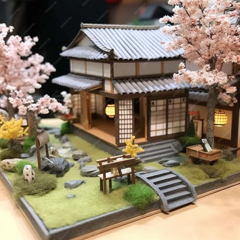 Premium AI Image | There is a miniature model of a japanese house with a garden generative ai Mini House Design Ideas, Japanese House Diorama, House Miniature Ideas, Japanese Miniature House, House Models Design, Cute Japanese House, Miniature Houses Model, Japanese Houses Traditional, Japanese Greenhouse