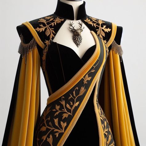 Black And Gold Princess Dress, Black And Gold Medieval Dress, Fantasy Dress Design Art, Fantasy Robes, Fantasy Clothing Design, Fantasy Costume Design, Manhwa Fashion, Animated Clothing, Royal Attire