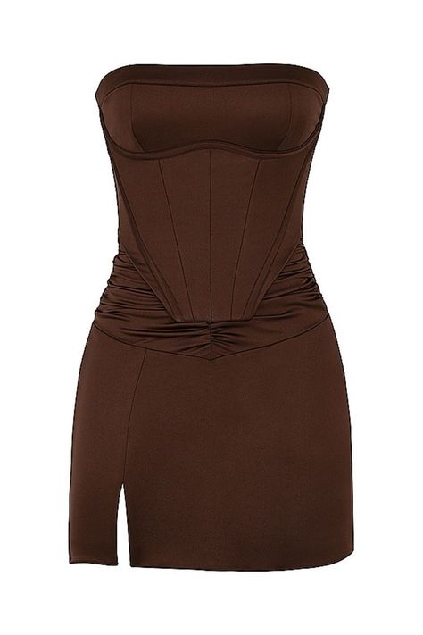 Strapless Corset Mini Dress, Chocolate Satin, Strapless Corset, Corset Mini Dress, Brown Dress, Lookbook Outfits, Classy Outfits, Pretty Dresses, Elegant Dresses