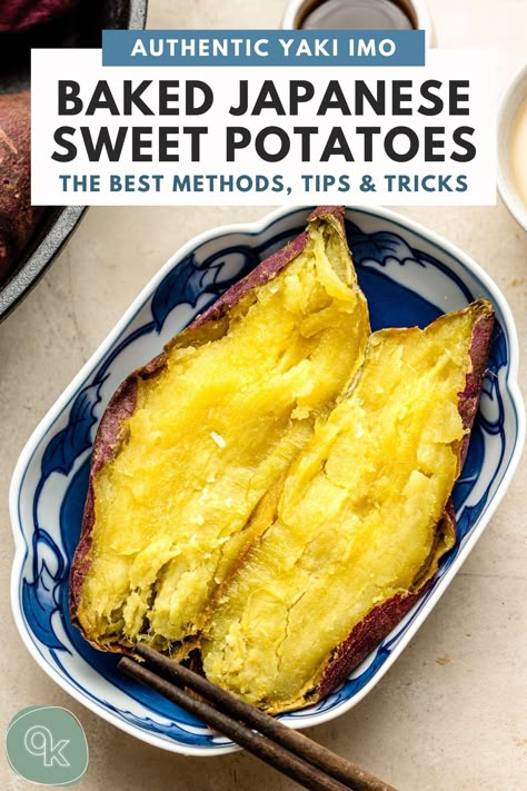 Baked Japanese Sweet Potatoes (Authentic Yaki Imo) - Okonomi Kitchen Japanese Yams Baked, Japanese Sweet Potato Recipe Air Fryer, Japanese Sweet Potato Bowl, Japanese Sweet Potato Recipe Desserts, How To Cook Japanese Sweet Potato, Japanese Sweet Potato Air Fryer, Chinese Sweet Potato Recipes, Okinawa Sweet Potato Recipes, Japanese Yam Recipe