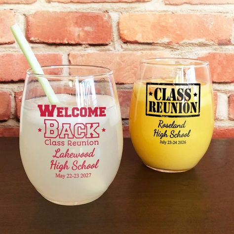 Class Reunion Printed Personalized Stemless Wine Glass Favors, Class Reunion Glass Party Favors CL111 set of 24 - Etsy Class Reunion Favors, Class Reunion Planning, 50th Class Reunion Ideas, Wine Glass Favors, Reunion Favors, 10 Year Reunion, High School Class Reunion, College Reunion, Reese's Chocolate