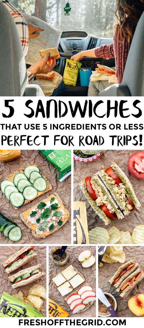 Lunch Ideas On The Road, Sandwiches For Camping, Lunches To Eat In The Car, Lunches On The Road, Camp Sandwiches, Food For The Road Travel, Travel Recipes Road Trips, Lunches For On The Road, Roadtrip Sandwich Ideas