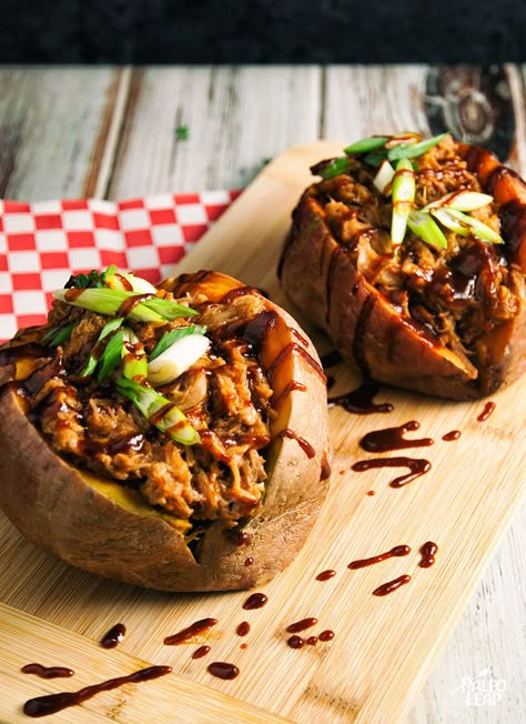 Pulled Pork Stuffed Sweet Potatoes | paleo leap Pork Stuffed Sweet Potatoes, Paleo Pork, Stuffed Sweet Potatoes, Paleo Crockpot, Dinner Prep, Turkey Gravy, Roast Dinner, Deep Frying, Recipe 30