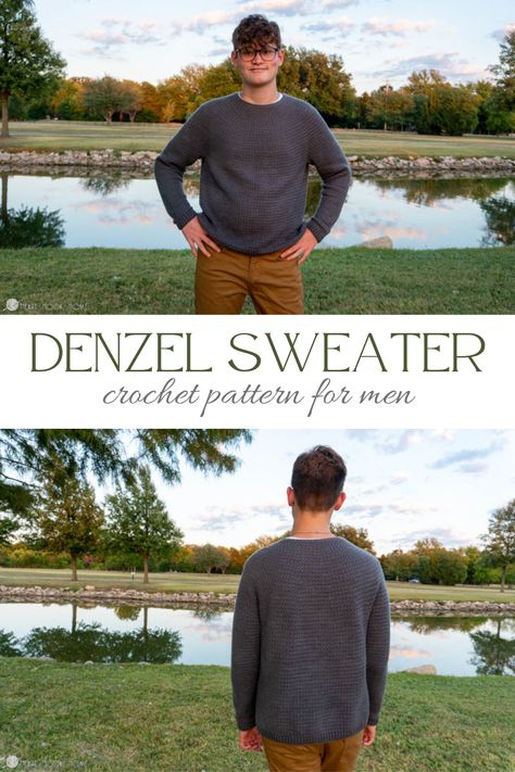 Denzel Sweater Crochet Pattern for Men | Looking for a sleek, comfortable crochet sweater pattern for men? The Denzel sweater crochet pattern ranges in sizes from XXS - 3XL. | Follow HeartHookHome.com to see more crochet patterns for men! Crochet Pattern For Men, Simple Crochet Top, Outfits Alt, Alt Summer, Crochet Jumper Pattern, Outfits Amazon, Crochet Sweater Design, Crochet Sweater Free, Crochet Sweater Pattern