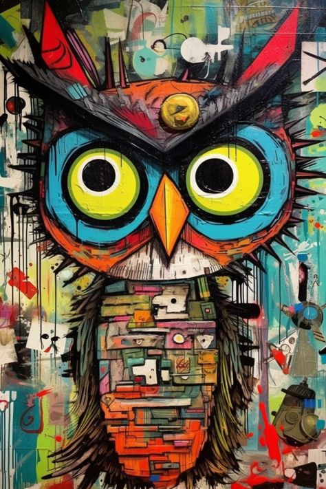 This abstract print art showcases a vibrant and captivating owl painting. The owl's large, round eyes draw you in with their mystic gaze. Express your artistic expression with this eye-catching piece, perfect for decorating various items such as decor, clothing, gadgets, and pastel/bath accessories. #GiveMeMood #Owl #Colorful #Abstract #VibrantColors #Captivating #MysticGaze #EyeCatching #ArtisticExpression #Bird #Wildlife #AvianBeauty #OwlEyes #ColorfulWildlife #Contemporary #Expressive #Decor Owl Graffiti Art, Owl Painting Abstract, Owl Pop Art, Owl Abstract Art, Owl Paintings On Canvas Easy, Owl Painting Ideas, Abstract Funky Art Paintings, Abstract Owl Painting, Owl Mural