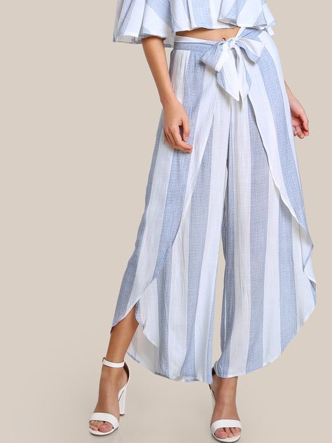 Shop Front Tie Striped Overlap Pants online. SheIn offers Front Tie Striped Overlap Pants & more to fit your fashionable needs. Overlap Pants, Mia Bella, Split Pants, Striped Pant, Wrap Pants, Blouse Pants, Linen Style, Womens Tie, Loose Blouse