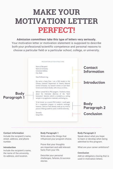 Admission committees take motivation letters very seriously. Your motivation letter or motivation statement is supposed to describe both your professional/scientific competence and personal reasons to choose a particular field or a particular school, college, or university. EssayEdge is here for you to help craft the best motivation letter Letter Of Motivation University, Motivation Letter For Scholarship, Motivation Letter University, Motivation Statement, Writing An Application Letter, Marketing Letters, Motivation Letter, Motivational Letter, School Post