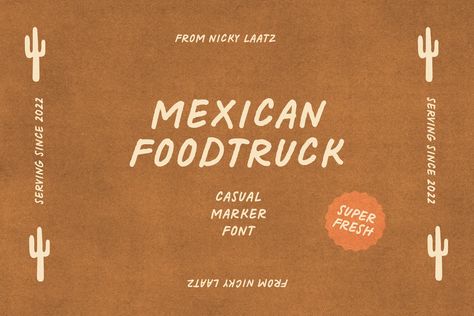 Experience the Authentic Verve of 'Mexican Foodtruck' Unveiling 'Mexican Foodtruck', another masterstroke from the ingenious Nicky Laatz. Exuberating a casual and cheeky vibe, this Marker Font carves a niche of its own in the realm of typography. Designed with precision and thoughtfulness, it expresses the playful spirit of Mexican culture in every curve and dot. Advertisable on various mediums, it incorporates itself effortlessly in greeting cards, menus, recipe books, or any handwritten notes. Mexican Graphic Design, Web Design Font, Mexican Fonts, Script Fonts Design, Graphic Design Elements, Font Combinations, Commercial Fonts, Brand Fonts, Restaurant Branding