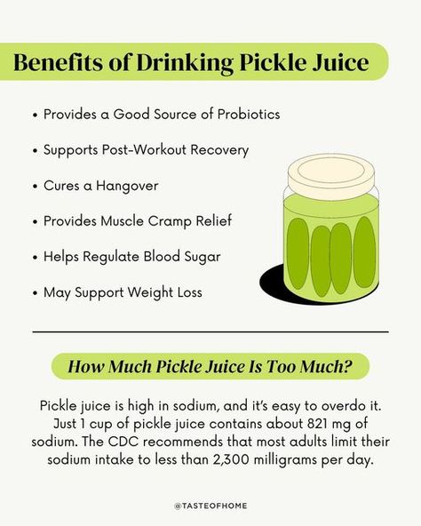 Taste of Home on Instagram: "When you finish the last pickle, don’t toss that leftover juice! 🥒There are plenty of things to do with pickle juice. Drinking it has several health benefits, like pain relief and regulating blood sugar. It’s also a great substitute for sugary sports drinks 🔗 Click the link in our bio for more info!⁠ ⁠ ⁠ ⁠ ⁠ ⁠ ⁠ ⁠ ⁠ #pickles #picklejuice #health #healthbenefits #healthandwellness #wellness #probiotics #weightloss #tasteofhome" Pickle Juice Benefits, Drinking Pickle Juice, Sources Of Probiotics, Juice Benefits, Sports Drinks, Pickle Juice, Post Workout Recovery, Regulate Blood Sugar, Health Knowledge