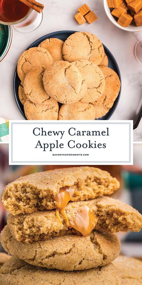 Caramel Apple Cookies are an easy way to enjoy a caramel apple! Apple spiced cookie dough stuffed with gooey caramel. The perfect fall treat! Carmel Apple Cookies Easy, Crumbl Fall Cookie, Apple Pie Stuffed Cookies, Fall Stuffed Cookies, Carmel Apple Cookie Recipes Easy, Apple Caramel Cookies, Caramel Apple Cookies Recipes, Colossal Cookies, Caramel Apple Pie Cookies