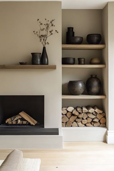 Lounge Ideas With Fireplace, Built In Firewood Storage Indoor, Modern Fireplace Shelving, Fireplace Floating Shelves Decor, Minimal Fireplace Surround, Drywalled Fireplace Ideas, Japandi Living Room With Fireplace, Scandinavian Interior Fireplace, Built In Bench Living Room