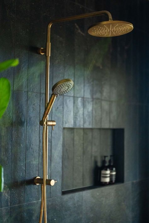 St Ives project by Kate Anderson Design We're a sucker for a moody ensuite and this one is no exception. The use of high-end fittings adds to the luxurious look and feel of this room, creating a sophisticated and elegant room.  Brodware Yokato twin shower set in Rumbled Brass Organic finish.  Visit your local NCP showroom for more inspiration for your next project. Moody Ensuite, Brodware Yokato, Ensuite Renovation, Elegant Room, Undermount Stainless Steel Sink, Built In Bath, Twin Shower, Wall Taps, Butler Sink