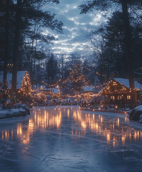 A charming outdoor skating rink nestled among snow-covered pines, with twinkling lights strung overhead, joyful friends and families gliding on ice, and a cozy cabin nearby serving hot cocoa and holiday treats. Home Ice Skating Rink, Indoor Ice Skating Rink Aesthetic, Christmas Ice Skating Aesthetic, I’ve Skating Rink Aesthetic, Backyard Skating Rink, Ice Skating Outdoors, Indoor Ice Skating Rink, Winter Ice Skating, Environment Study