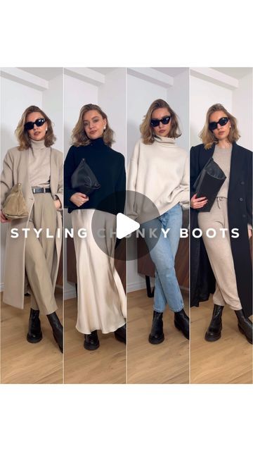 Lydia Tomlinson on Instagram: "Chunky Boots Outfit Ideas & Styling Tips - links are in my LTK 🤍" Chunky Boot Dress, Winter Outfits With Chunky Boots, Chunky Knee Boots Outfit, Jeans And Chunky Boots Outfit, Chunky Tall Boots Outfit, Chunky Black Boots Outfit Street Styles, Black Chunky Boots Outfit Winter, Over The Ankle Boots Outfit, Lydia Tomlinson Outfits Winter