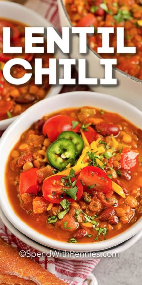 Lentil Chili is a recipe that uses staple pantry ingredients. Add ground beef or chicken to stretch the serving sizes even further! #spendwithpennies #lentilchili #maindish #stovetop #chili #lentil #lentilchilirecipe Lentil Chilli, Recipe Lentils, Lentil Chili Recipe, Homemade Chili Powder, Stovetop Chili, Lenten Recipes, Canned Lentils, Slow Cooker Lentils, Serving Sizes