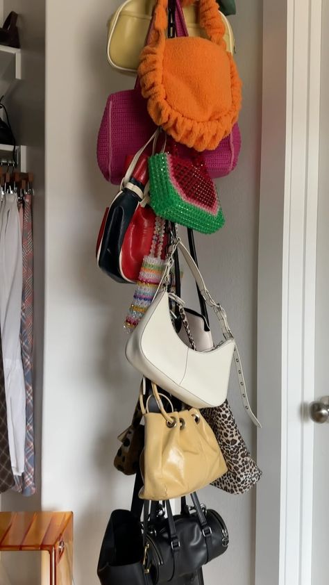 wanted to see how my bags would look color coordinated ❤️🧡💛💚🩵 #organization #organizationideas #purses #diy | Instagram Organize Purses, Purse Storage Ideas, Purses Diy, Mini Closet, Zimmer Diy, Purse Storage, Handbag Storage, My Bags, Small Closet