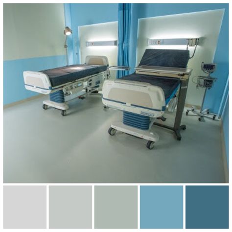 Cool colour palettes may be considered calm by some; however, others may perceive cool colour schemes as cold, clinical and depressing, and therefore not suitable for healthcare. Colours categorised as cool include hues featured in imagery depicting snow, ice, wintery climates and cold geographic locations. Cool colours include yellow, green, blue, and blue/purple plus greys and neutral colours with cool undertones. Cool colour illustration by Zena O’Connor, PhD, © Design Research Associates. Office Color Palette, Color Palette Interior Design, Interior Design Color Schemes, Laboratory Design, Blue Interior Design, Cool Color Palette, Pastel Color Schemes, Hospital Interior, Clinic Interior Design