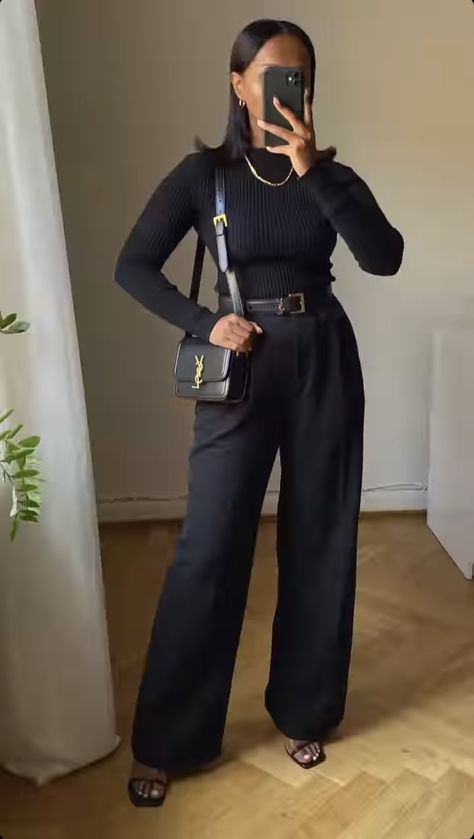 Classy Black Work Outfits, All Black Outfit Formal Classy, Black Work Clothes Aesthetic, Professional Outfits Women All Black, All Black Slacks Outfit, All Black Outfits For Women Business Casual, Turtle Neck Work Outfit Women, Reserved Outfit Women, Classy Dress Pants Outfits